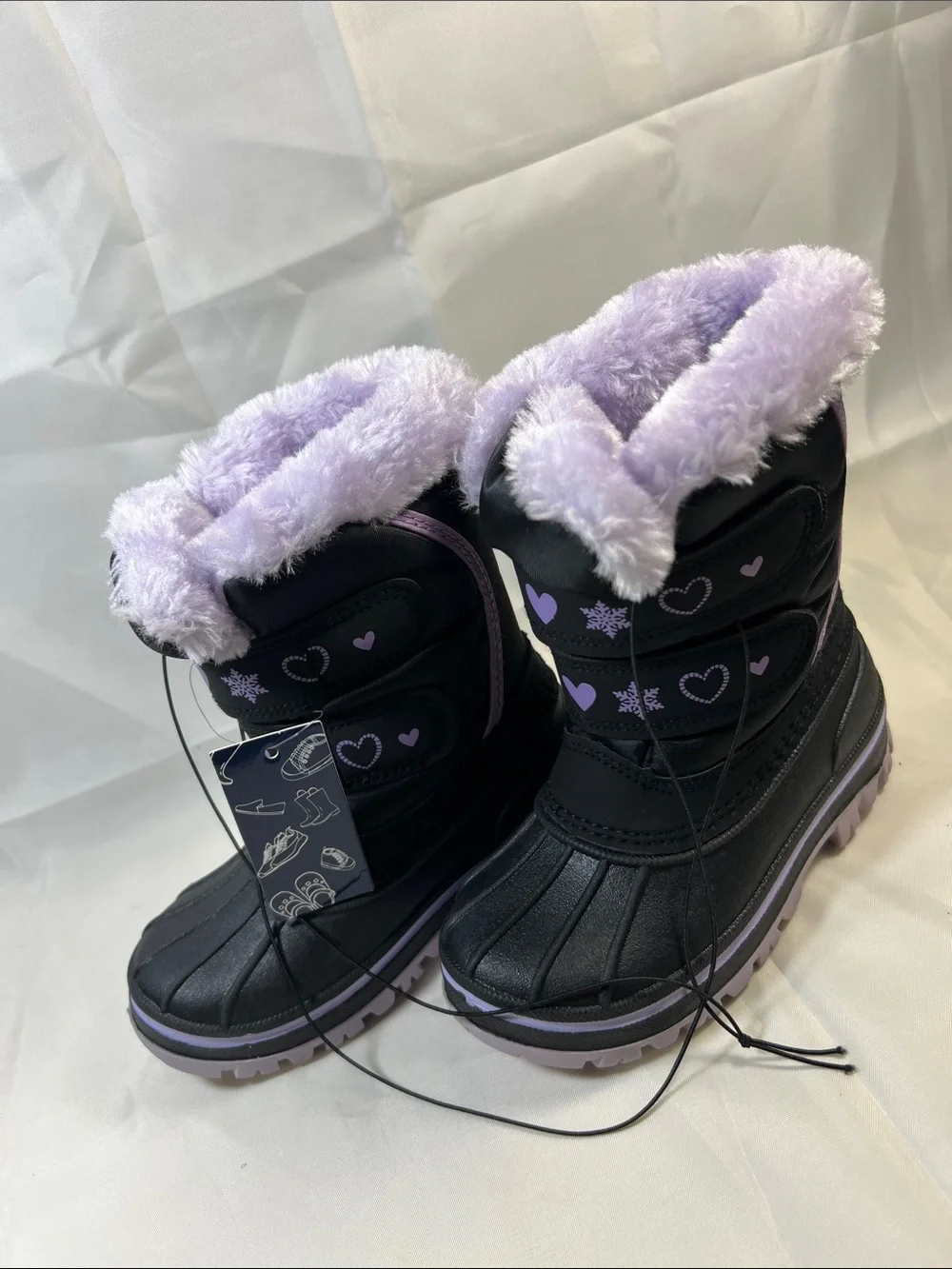Kids Black & Lilac Snow Boots with Heart Accents